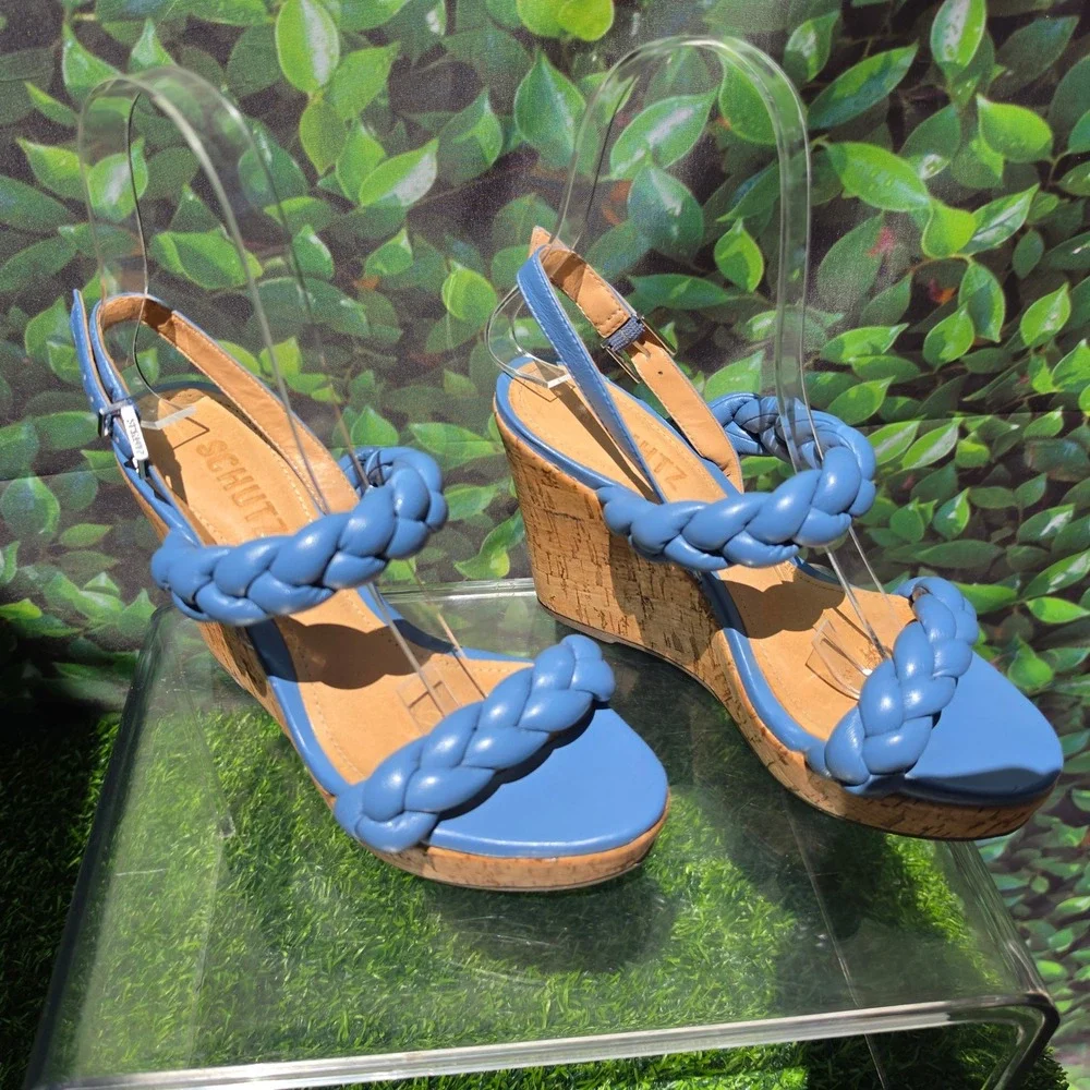Schutz Blue Braided Leather Cork Wedge Platform Sandals Womens 6B Made in Brazil